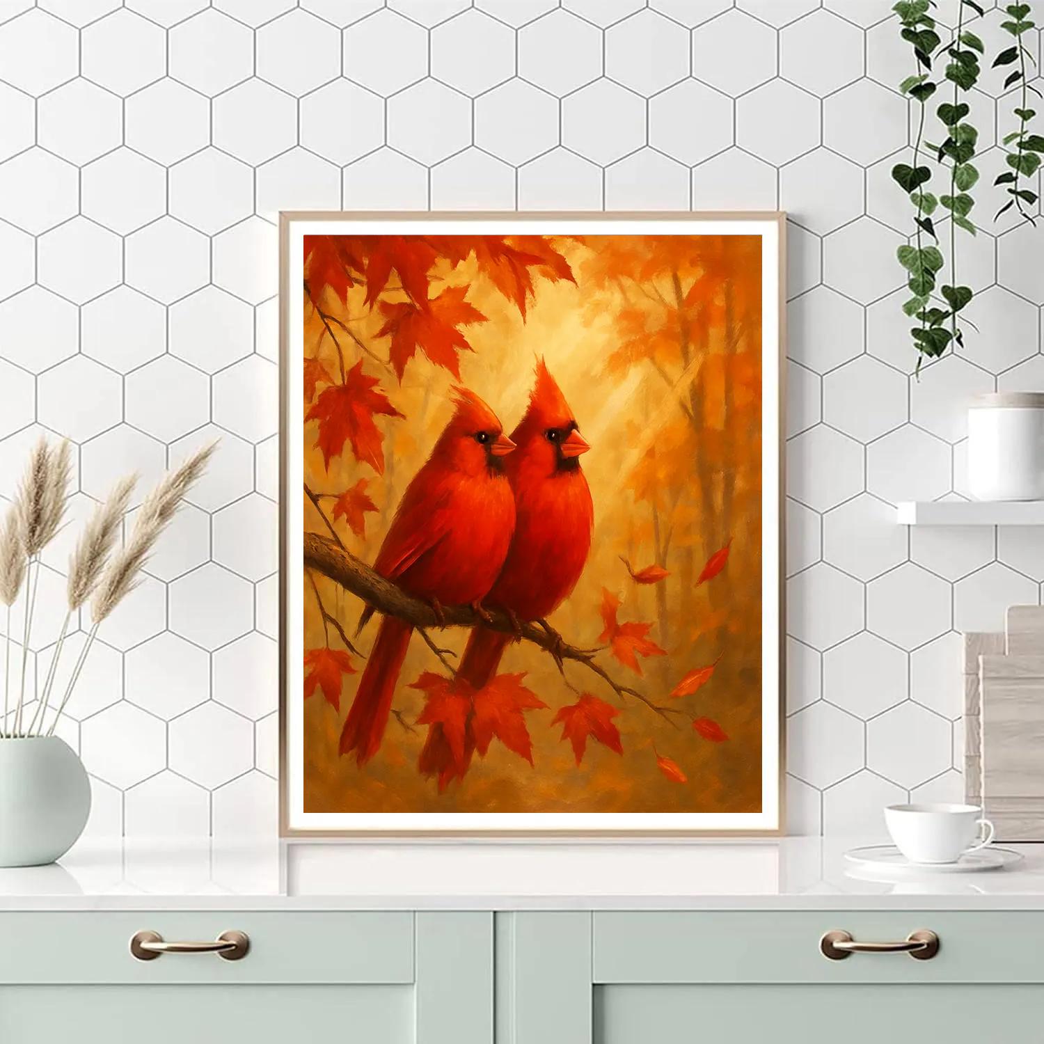 Autumn Quilt Light Cardinals In Maple Canopy paint by numbers