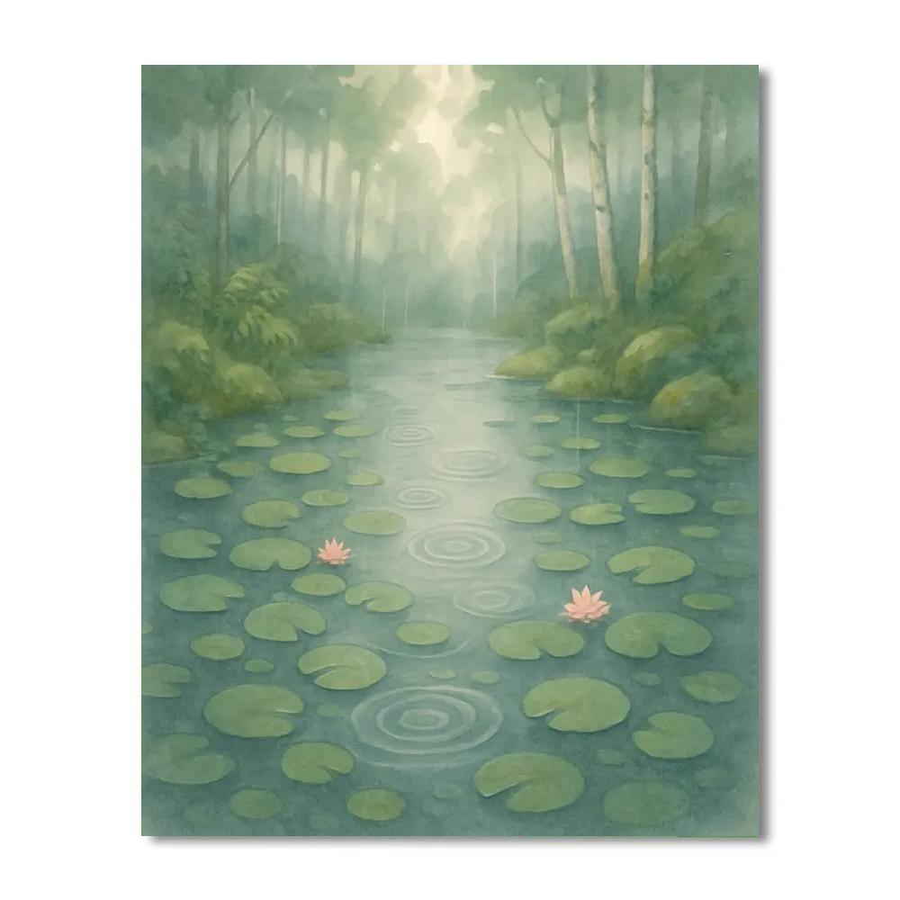 Watercolor Lily Pond Under Soft Rain Light Paint by numbers kits