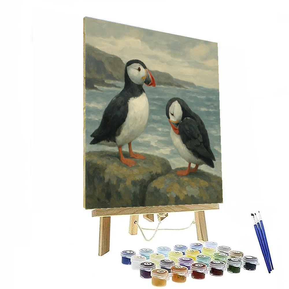 Seaside Breakwater Puffins At Calm Tide Numbered painting kits