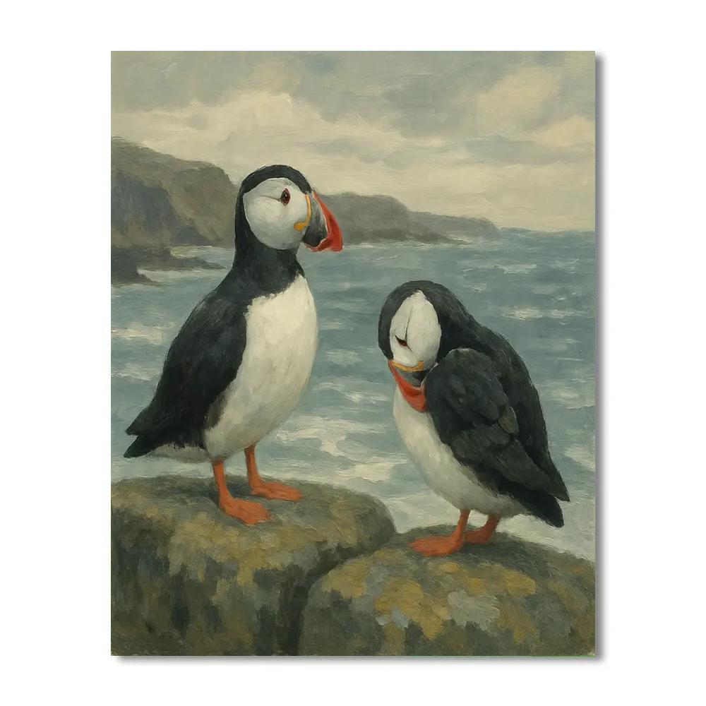 Seaside Breakwater Puffins At Calm Tide Numbered painting kits