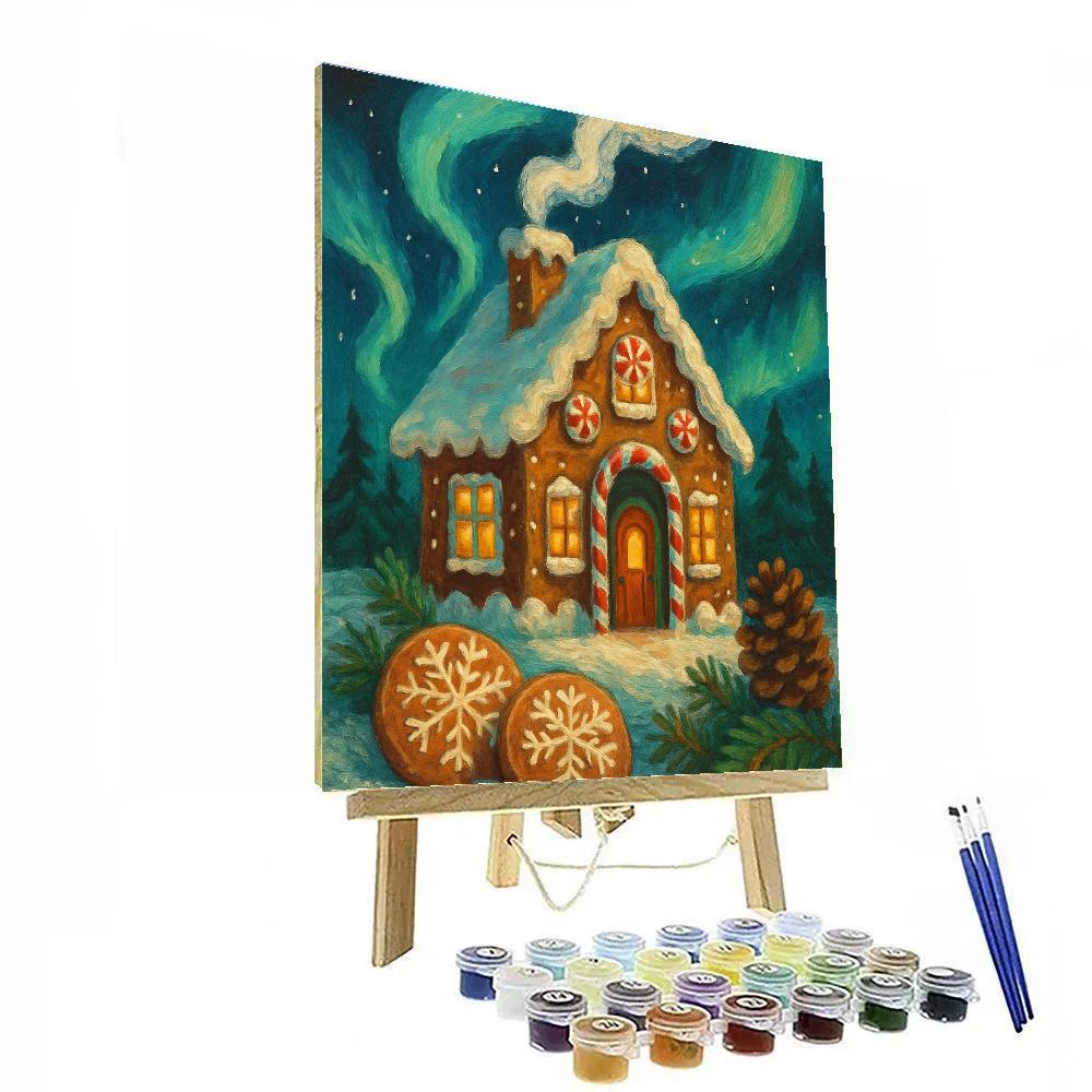 Gingerbread Cottage Under Northern Lights paint by color