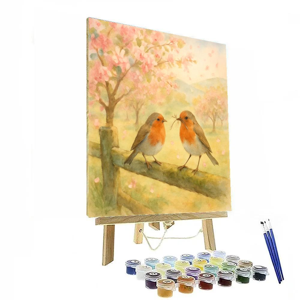 Spring Orchard Robins Under Blossom Drift Painting by numbers kit