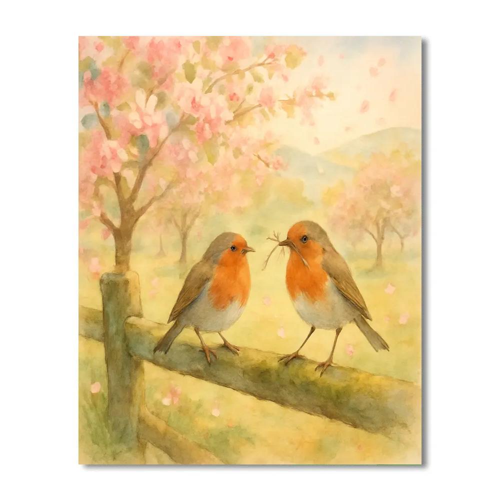 Spring Orchard Robins Under Blossom Drift Painting by numbers kit