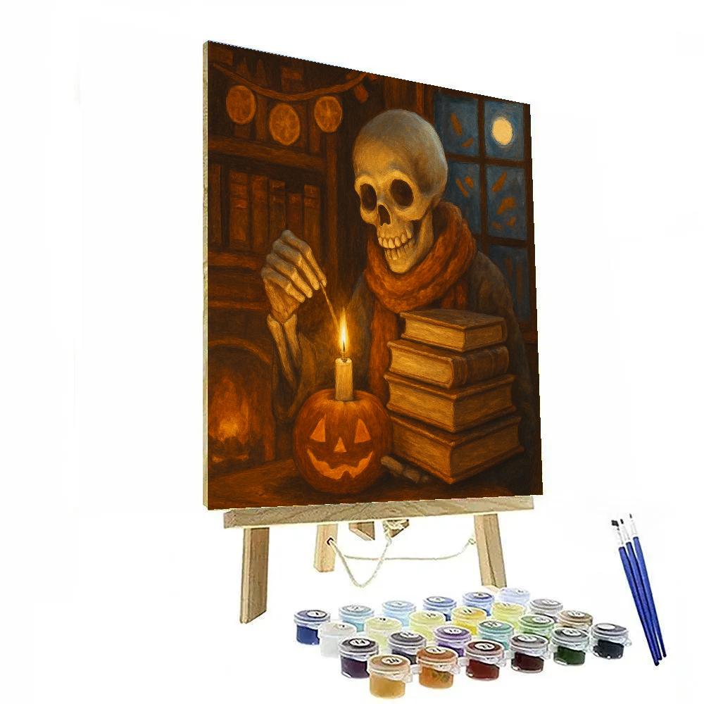Autumn Library Of The Friendly Skeleton Scholar paint by numbers