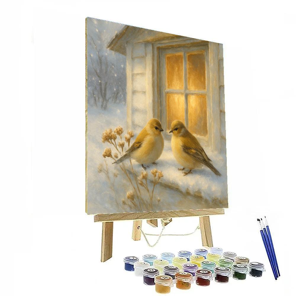 Snowy Window Ledge Finches And Cinnamon Steam DIY paint by numbers