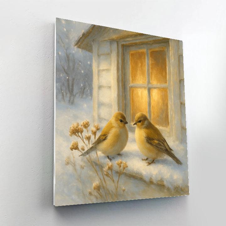 Snowy Window Ledge Finches And Cinnamon Steam DIY paint by numbers