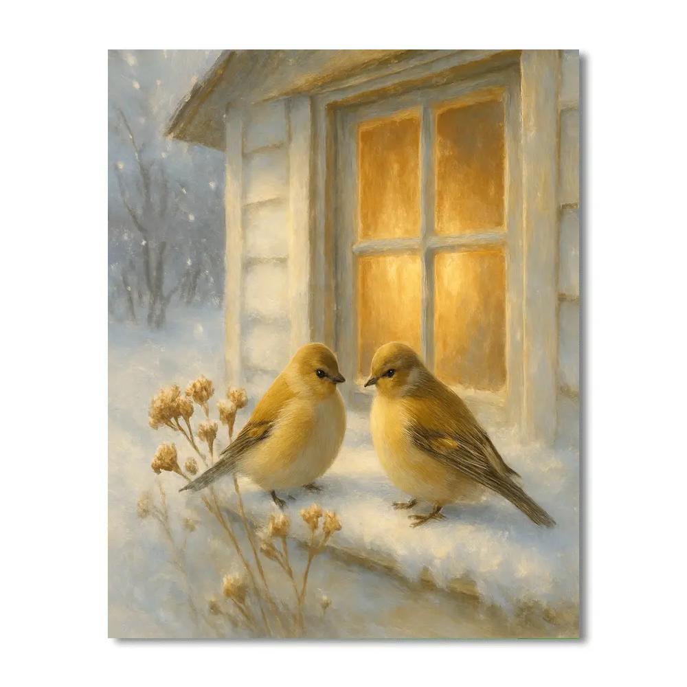 Snowy Window Ledge Finches And Cinnamon Steam DIY paint by numbers