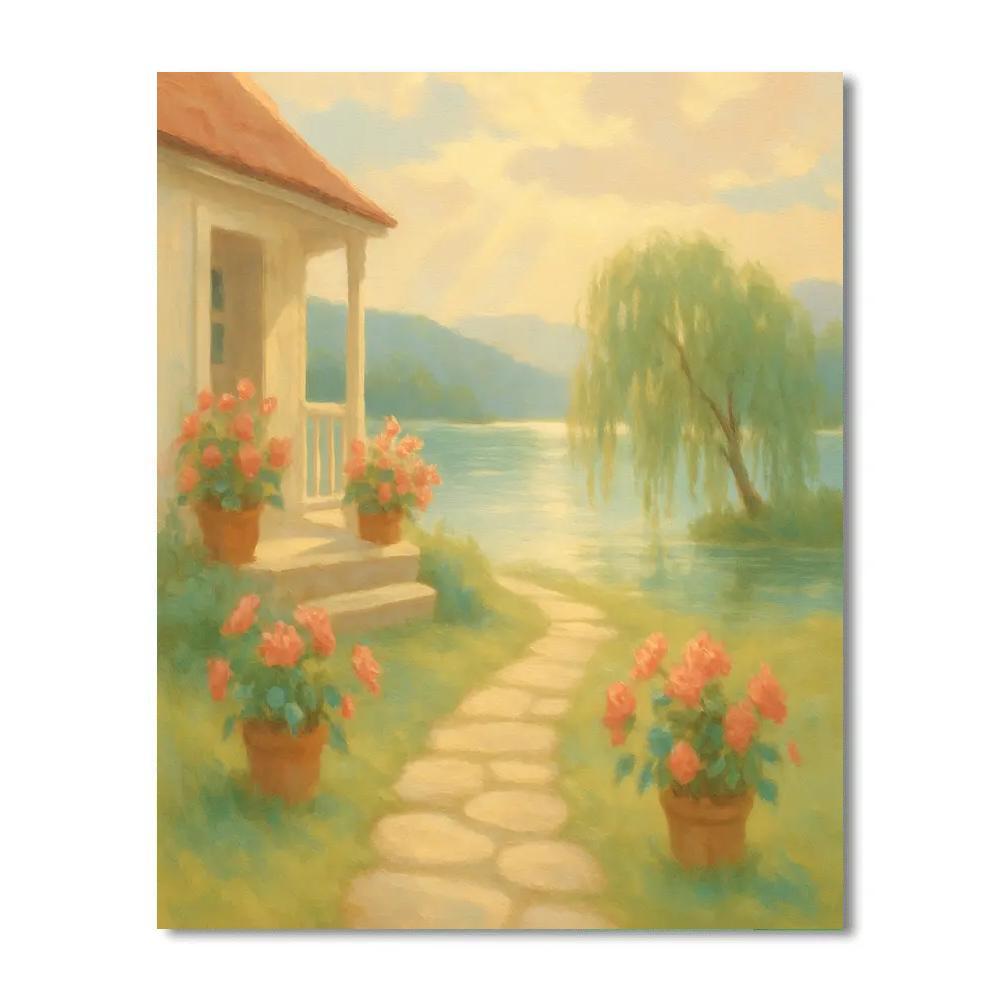 Cottage Garden Path To A Glassy Lake Edge Numbered painting kits