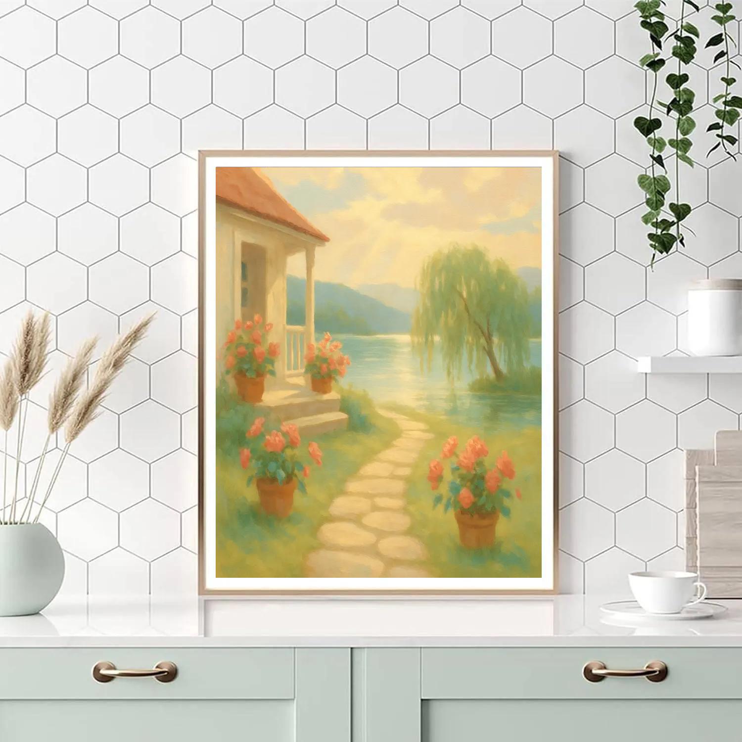 Cottage Garden Path To A Glassy Lake Edge Numbered painting kits