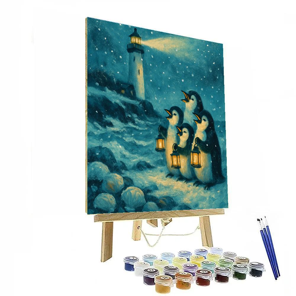 Penguin Carolers By Seaside Lighthouse Paint by numbers kits