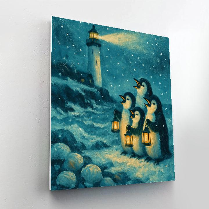 Penguin Carolers By Seaside Lighthouse Paint by numbers kits