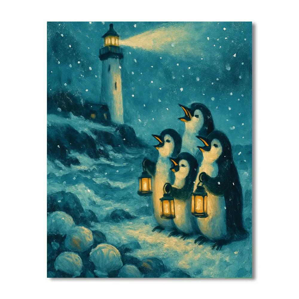 Penguin Carolers By Seaside Lighthouse Paint by numbers kits