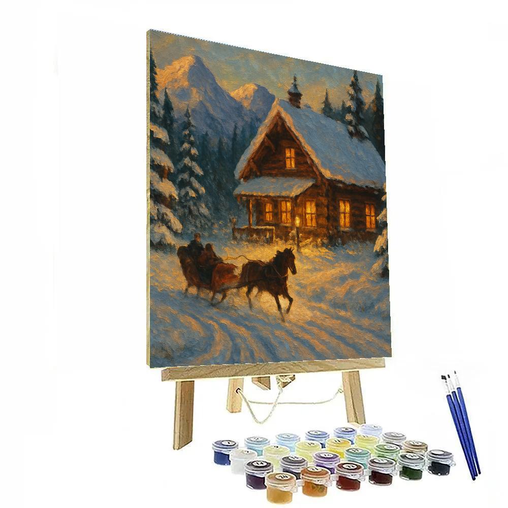Mountain Lodge With Sleigh Arrival paint by number