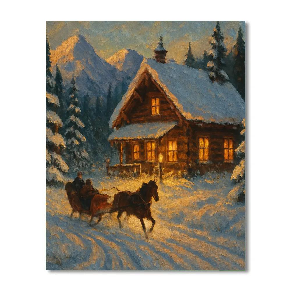 Mountain Lodge With Sleigh Arrival paint by number