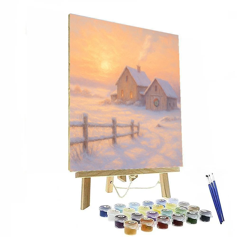 Snowy Farmhouse With Golden Sunrise Number painting