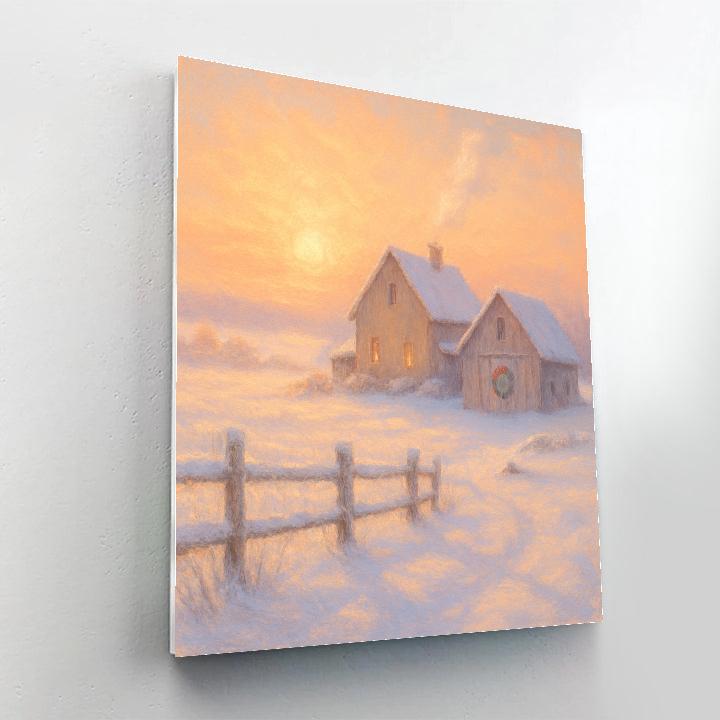 Snowy Farmhouse With Golden Sunrise Number painting