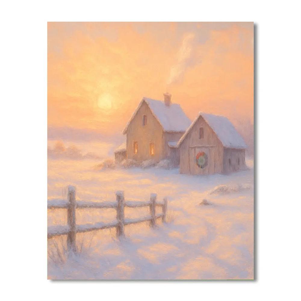 Snowy Farmhouse With Golden Sunrise Number painting
