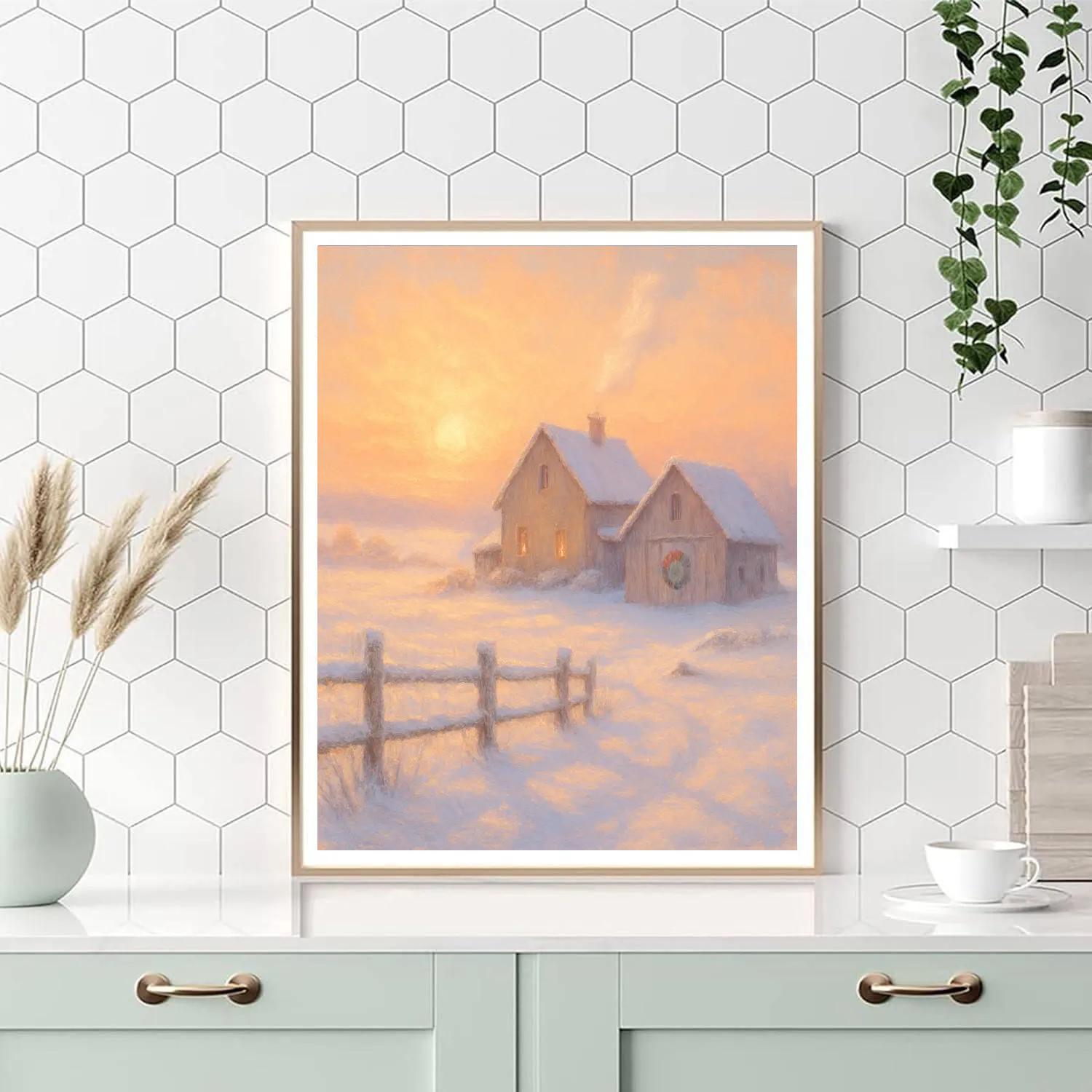 Snowy Farmhouse With Golden Sunrise Number painting