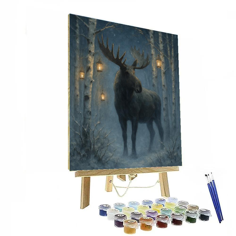 Moose In Birch Grove With Lanterns paint by numbers