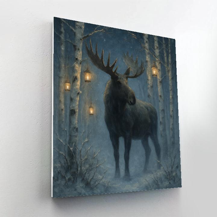 Moose In Birch Grove With Lanterns paint by numbers