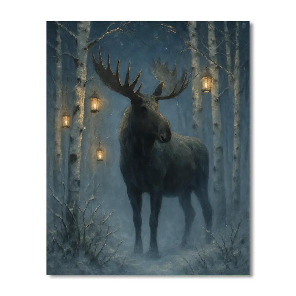 Moose In Birch Grove With Lanterns paint by numbers