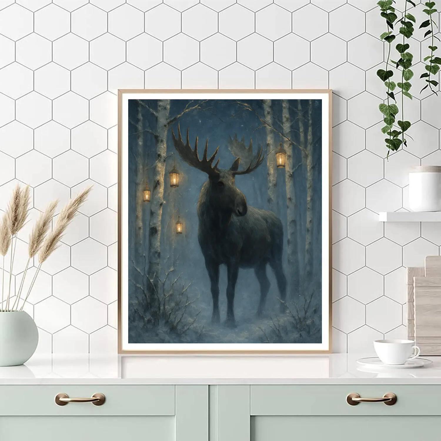 Moose In Birch Grove With Lanterns paint by numbers