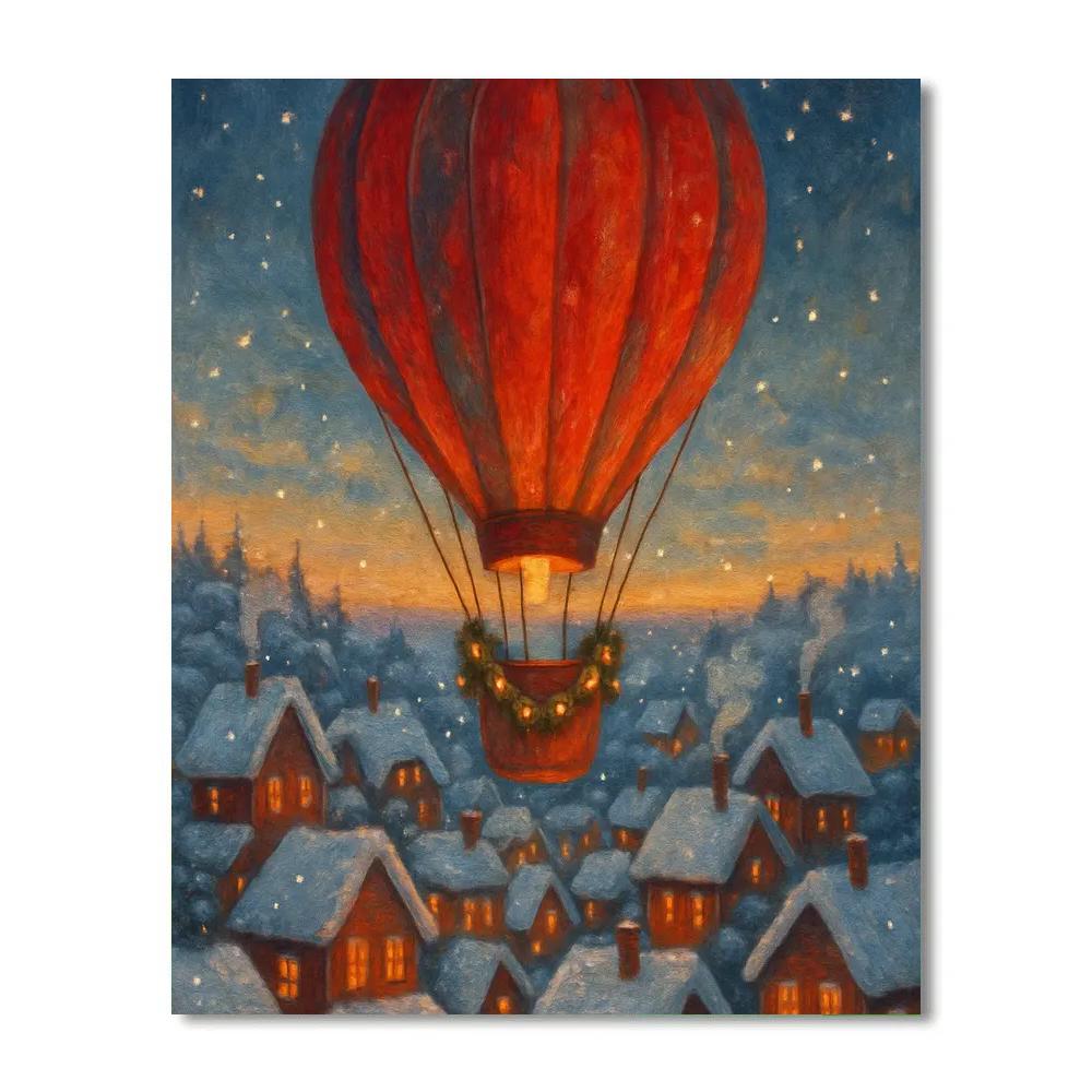 Festive Hot Air Balloon Over Winter Town Numbered painting kits