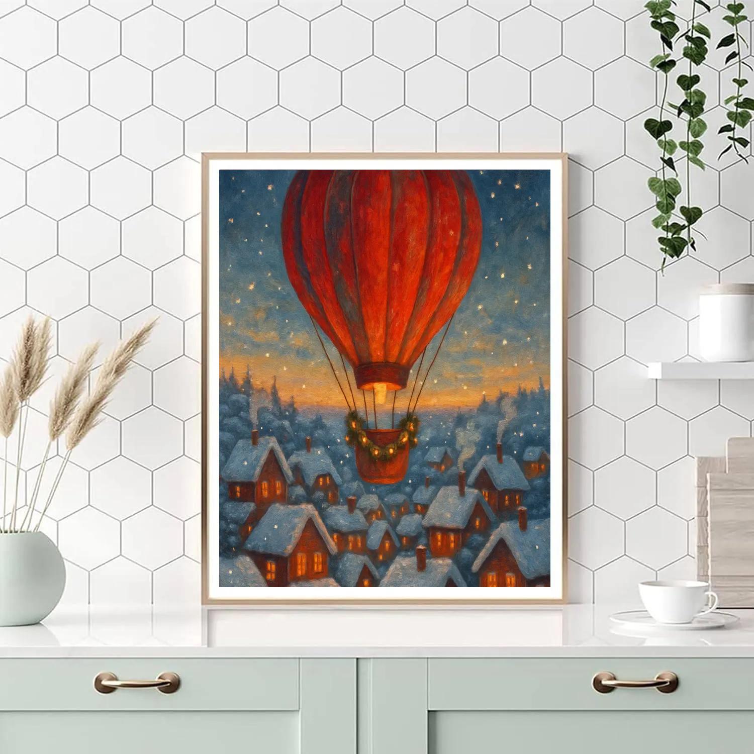 Festive Hot Air Balloon Over Winter Town Numbered painting kits