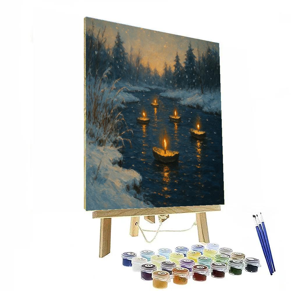 Winter River With Floating Candle Boats paint by number