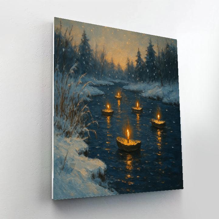 Winter River With Floating Candle Boats paint by number