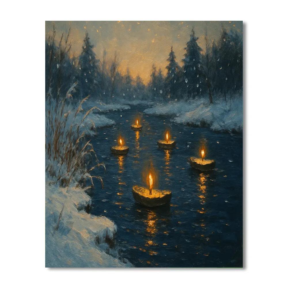Winter River With Floating Candle Boats paint by number
