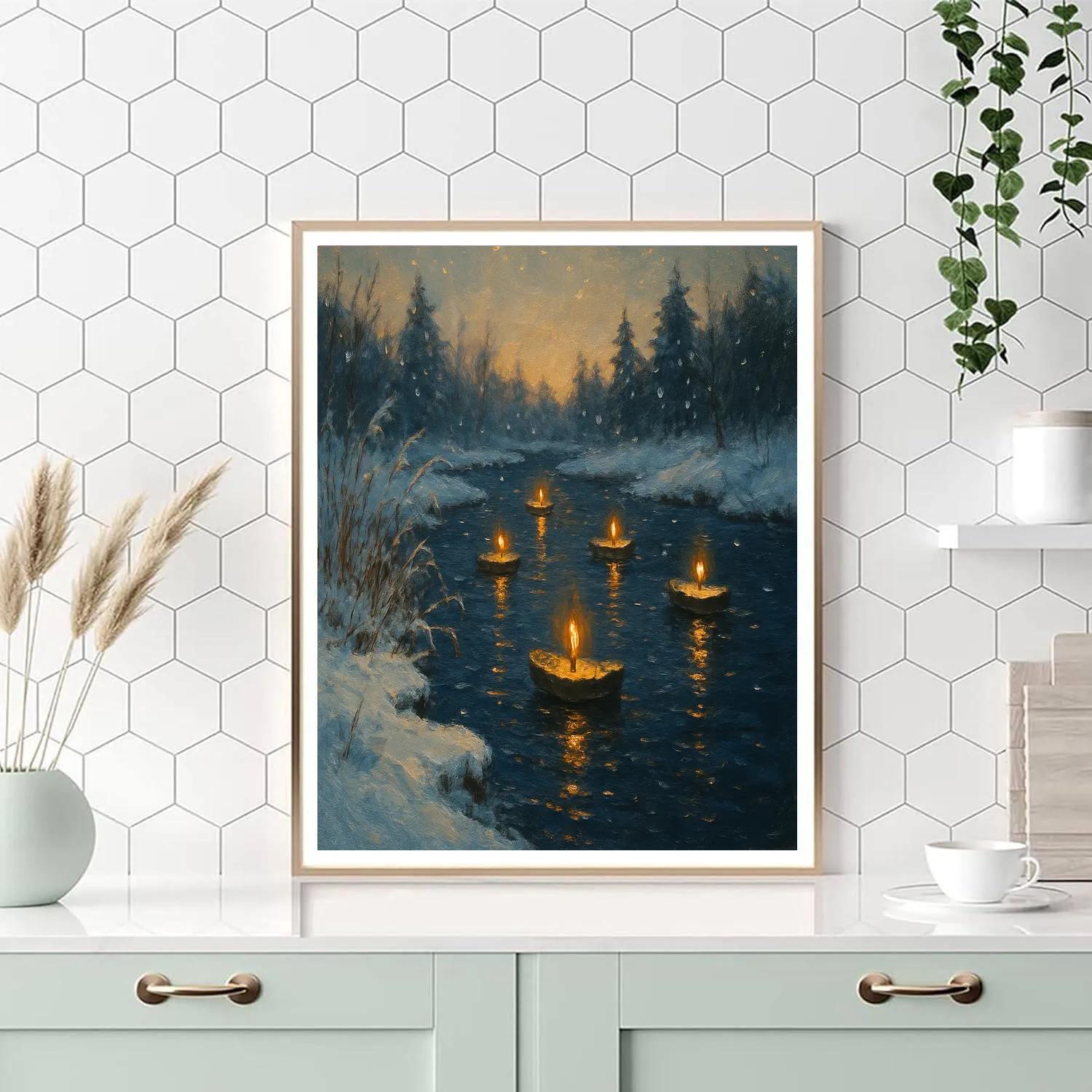 Winter River With Floating Candle Boats paint by number