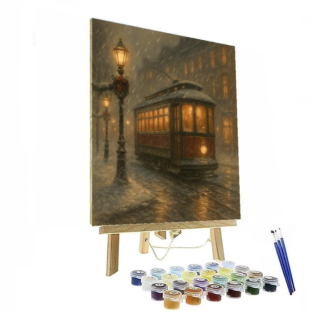 Cozy Streetcar Through Snowy City Glow Painting by numbers kit