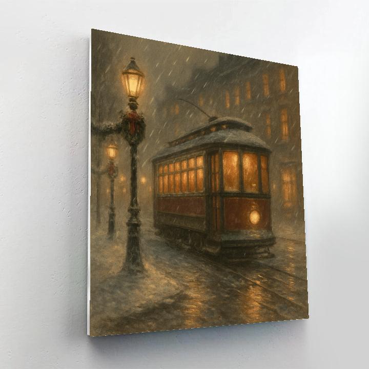Cozy Streetcar Through Snowy City Glow Painting by numbers kit