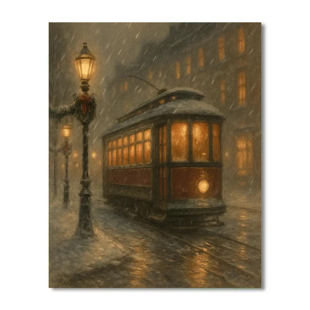 Cozy Streetcar Through Snowy City Glow Painting by numbers kit