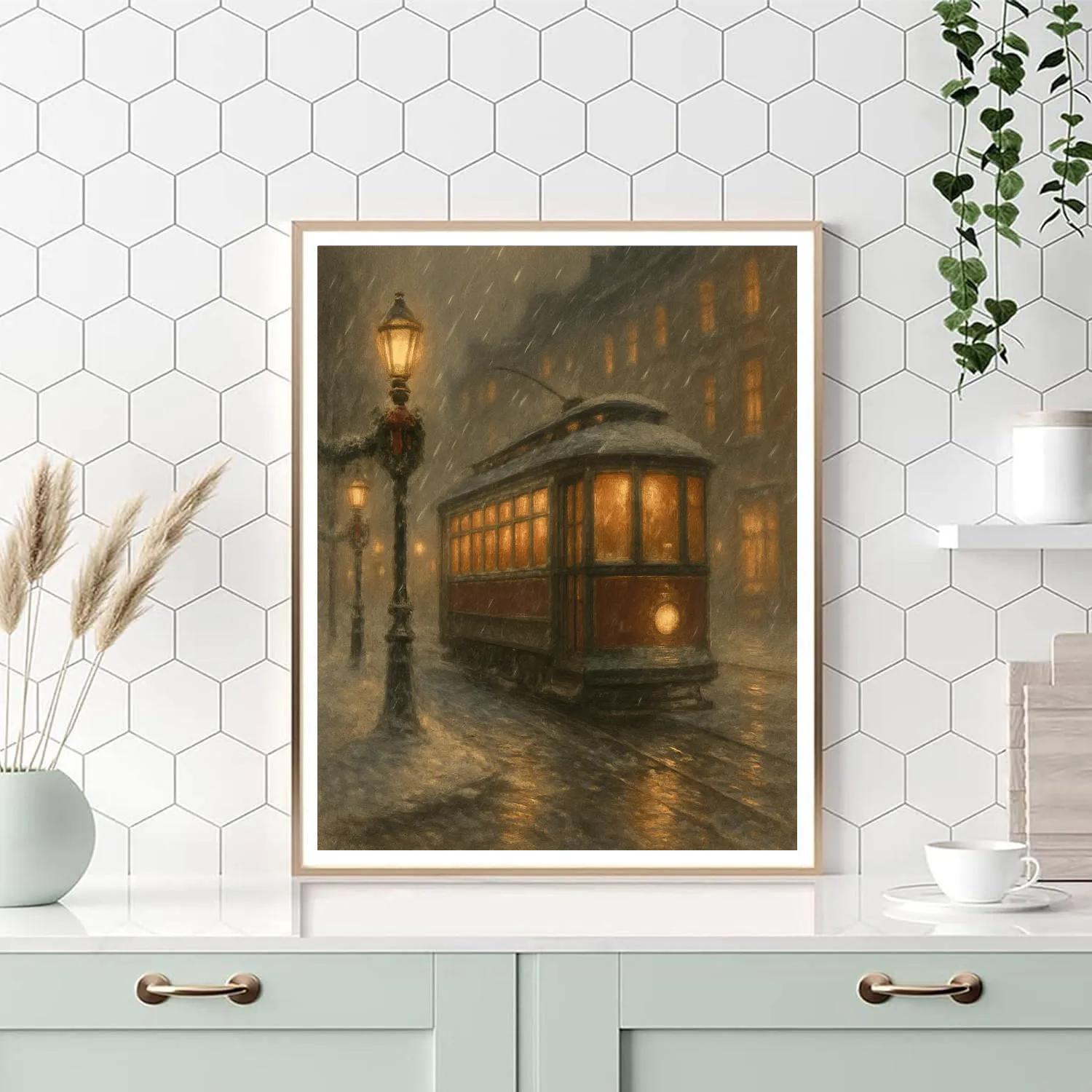 Cozy Streetcar Through Snowy City Glow Painting by numbers kit