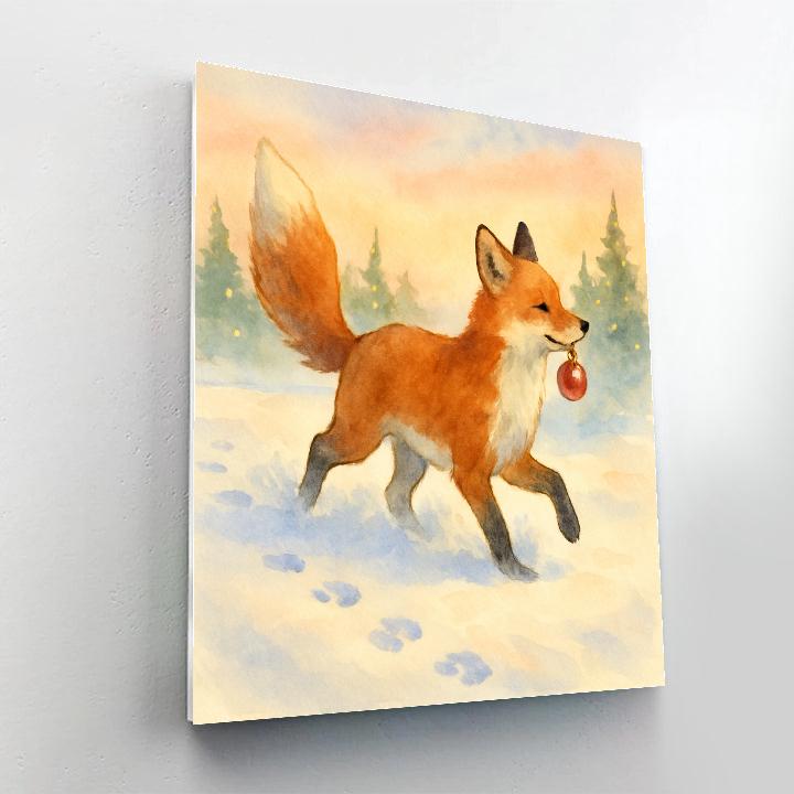 Fox Carrying Ornament Through Snow Number painting