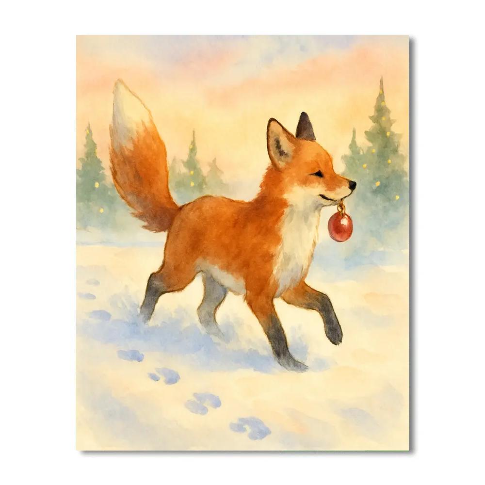 Fox Carrying Ornament Through Snow Number painting