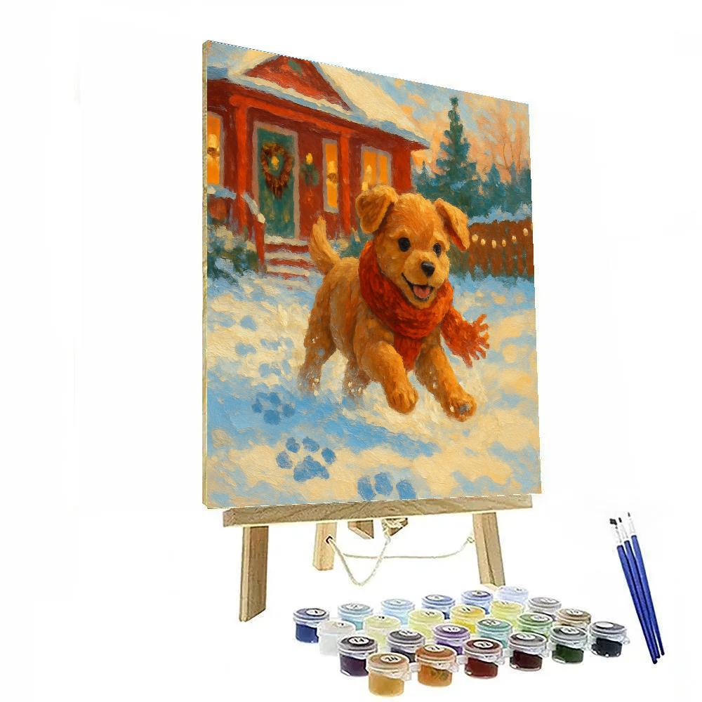 Holiday Puppy In Knitted Scarf Snowy Yard Number painting