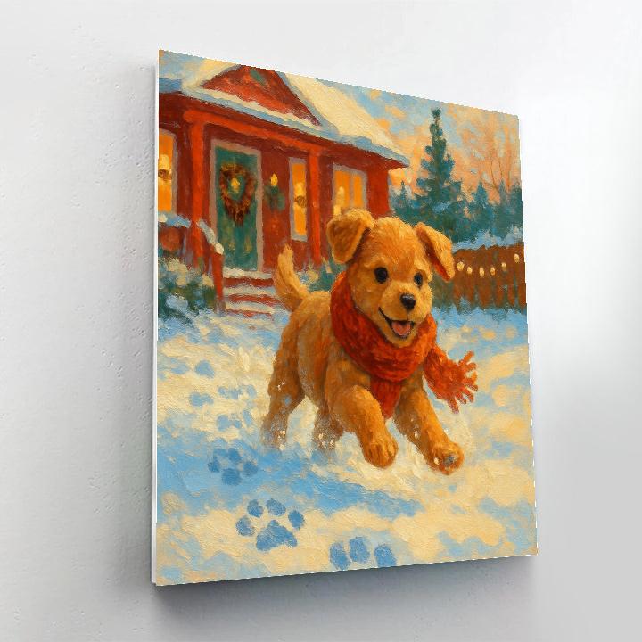 Holiday Puppy In Knitted Scarf Snowy Yard Number painting