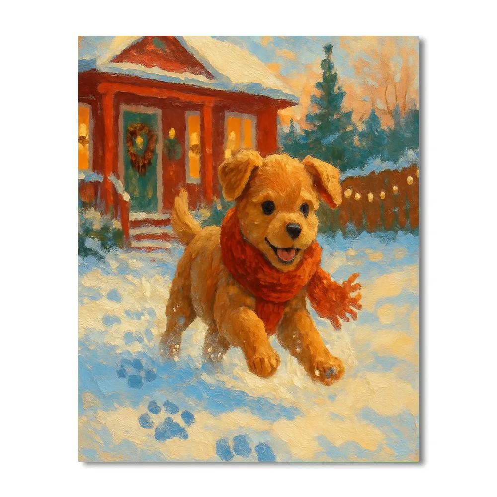 Holiday Puppy In Knitted Scarf Snowy Yard Number painting