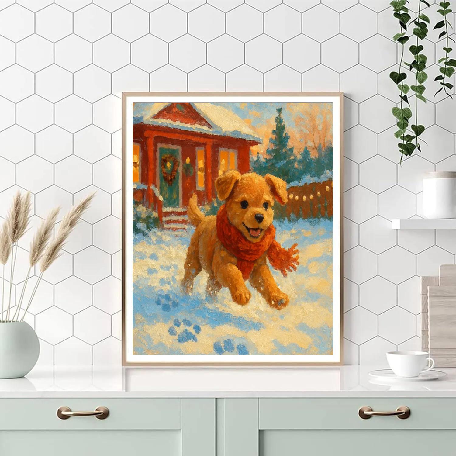 Holiday Puppy In Knitted Scarf Snowy Yard Number painting