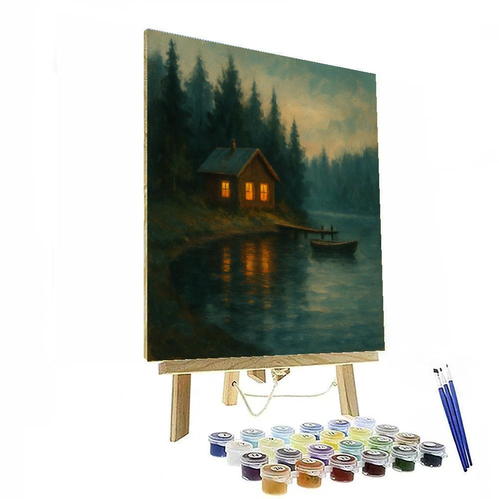 Amber Window Cabin Across A Glassy Lake Number painting