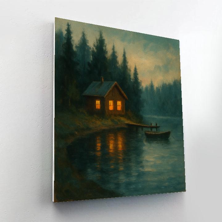 Amber Window Cabin Across A Glassy Lake Number painting