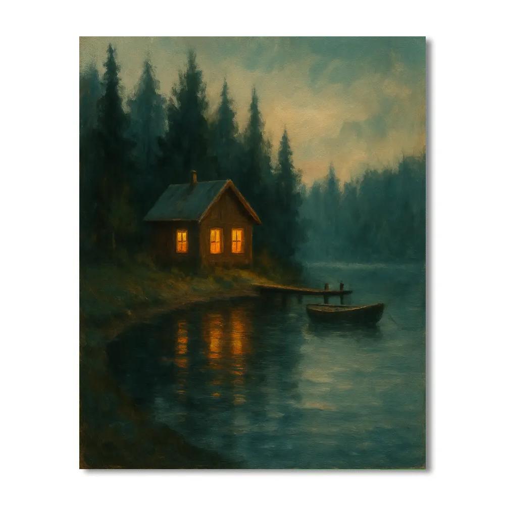 Amber Window Cabin Across A Glassy Lake Number painting