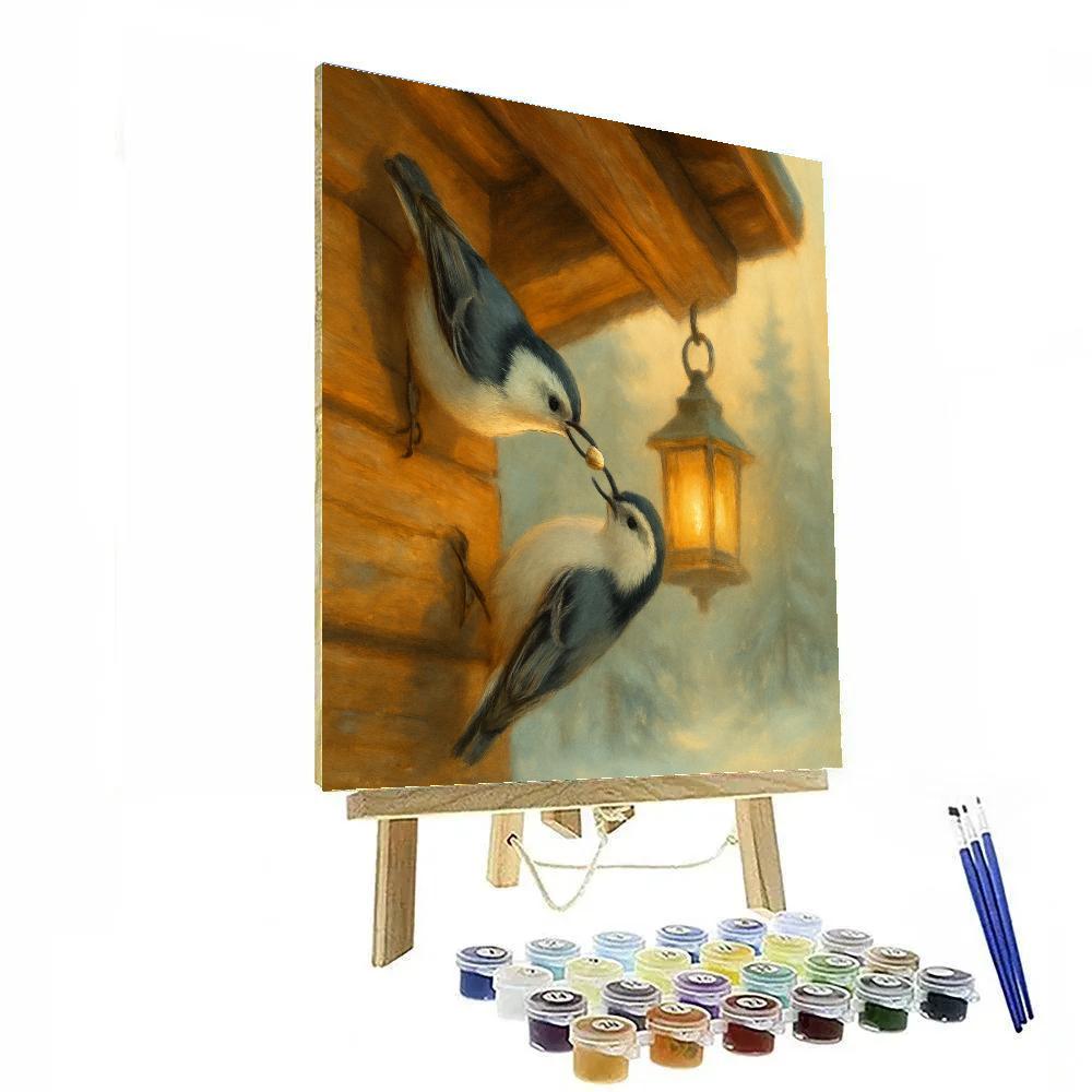 Lantern Light Nuthatches At The Cabin Eaves painting number kit