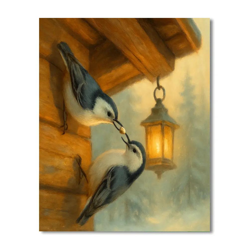 Lantern Light Nuthatches At The Cabin Eaves painting number kit