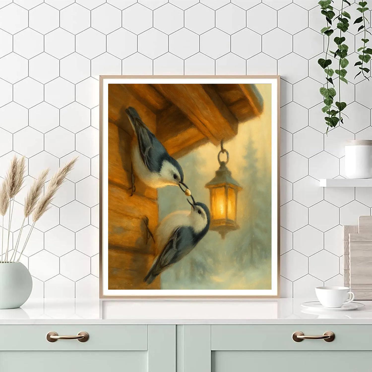 Lantern Light Nuthatches At The Cabin Eaves painting number kit