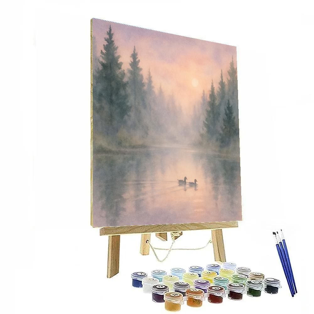 Lavender Dawn Over The Misty Forest Pond Painting by numbers kit