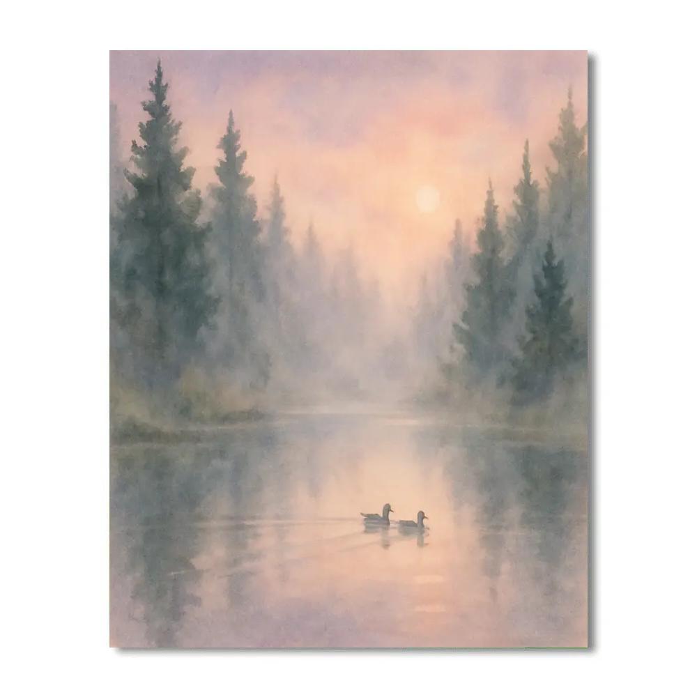 Lavender Dawn Over The Misty Forest Pond Painting by numbers kit
